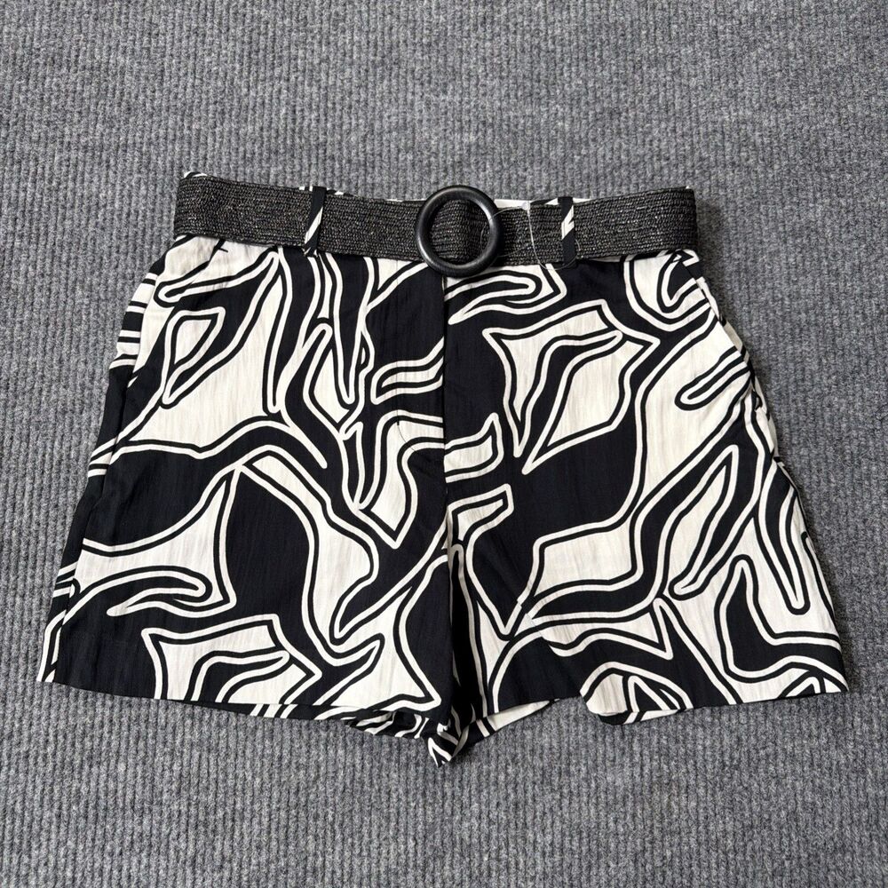 Nine West High Rise Shorts Women Large Belt Black White Bermuda Printed NEW